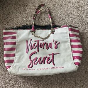 Victoria's Secret Pink and Cream Striped Weekender Tote Bag
